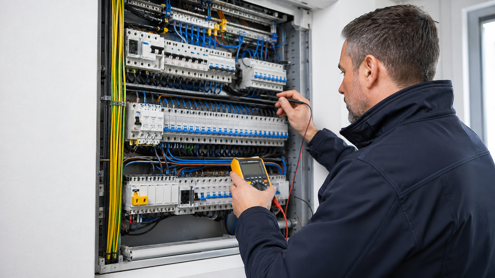Technicus werkt aan een elektrische verdeelkast